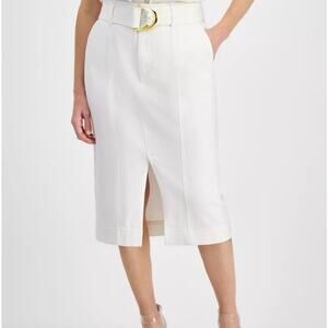 INC International Concepts Womens 6 White Denim Front Slit Belted Midi Skirt